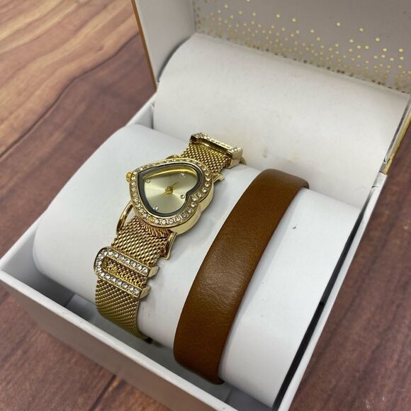 MACY’S CUBIC ZIRCONIA GOLD “I ❤️ U” WATCH AND BROWN BRACELET SET PL09 - Picture 2 of 4